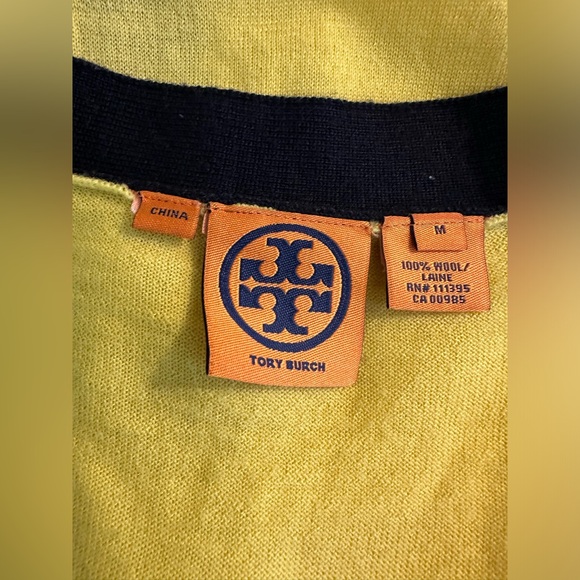 TORY BURCH Cardigan Sweater Yellow Navy Blue Merino Wool Simone Madison Knit - Picture 10 of 12